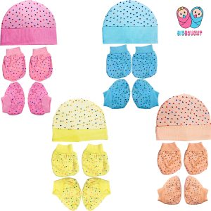TechHark®100% Cotton Baby Caps, Mittens and Booties Combo Set for 0-6 Months - Pack of 4 (4 MULTICOLOR)
