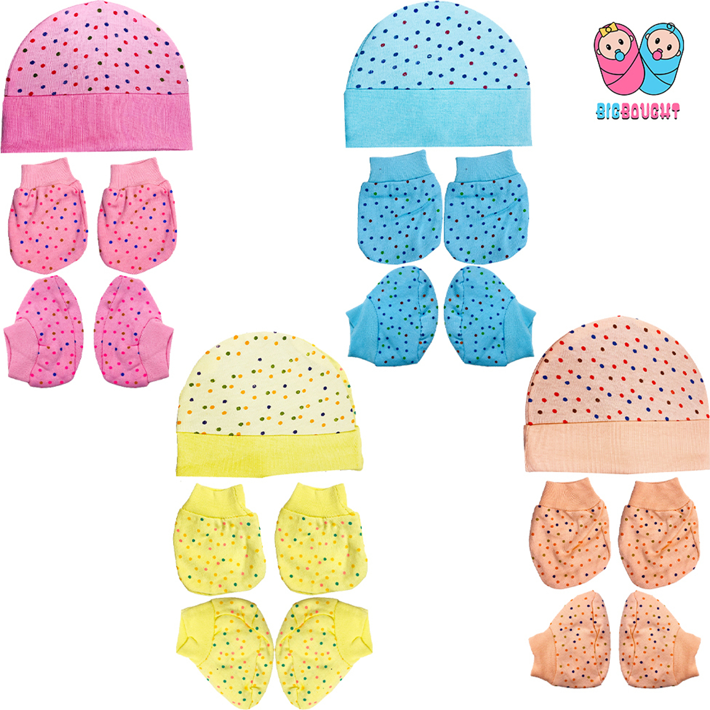 TechHark®100% Cotton Baby Caps, Mittens and Booties Combo Set for 0-6 Months - Pack of 4 (4 MULTICOLOR)