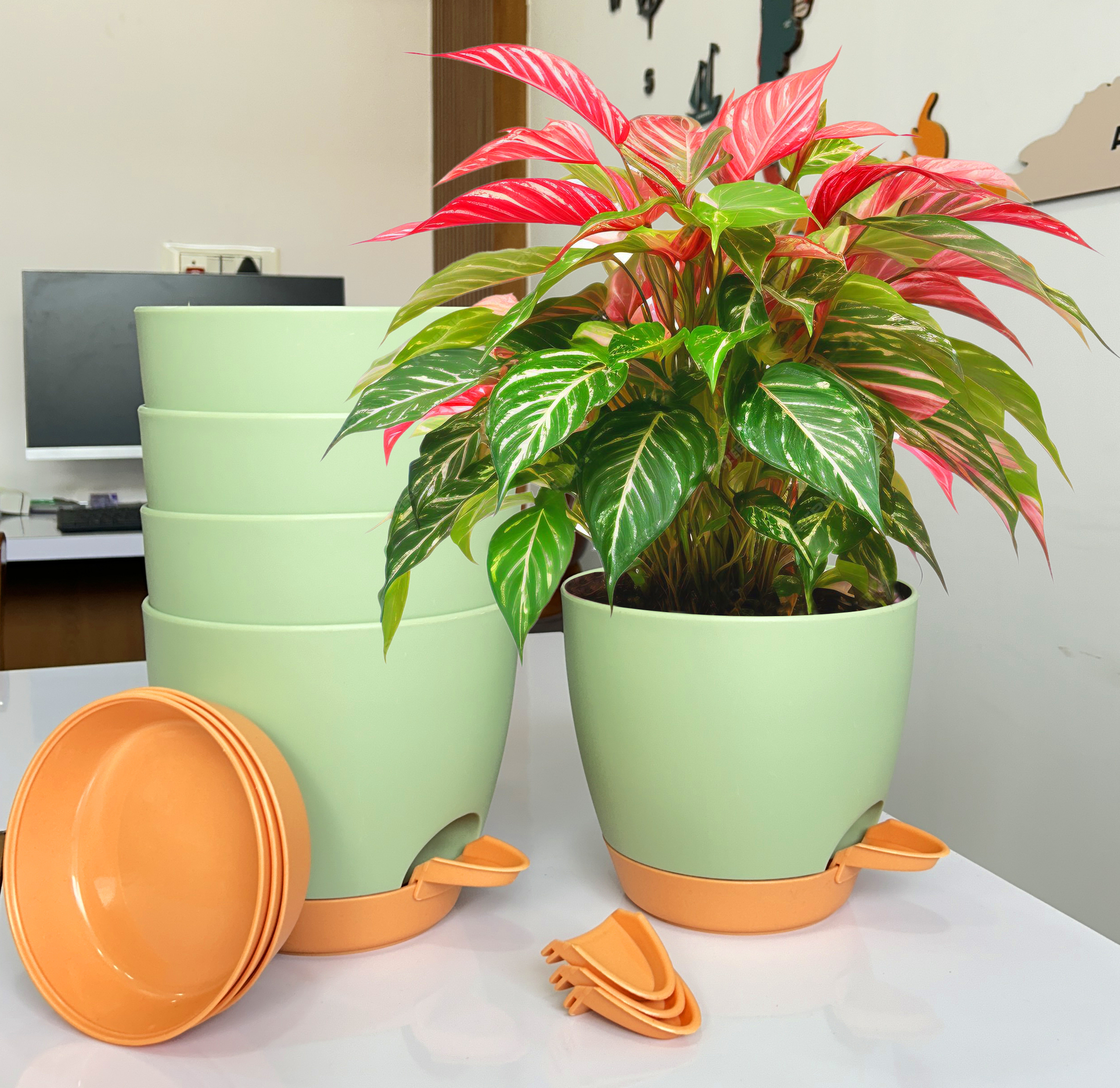 TechHark® 6/6.7 inc Self Watering Flower Pots Indoor Outdoor, Drainage Hole Saucer