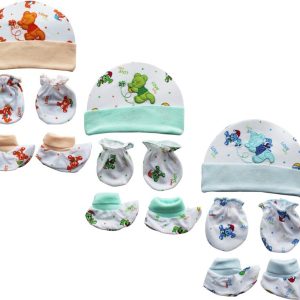 TechHark® Super soft cotton Mitten, Booty and Cap set for new borns (3 MULTICOLOR)