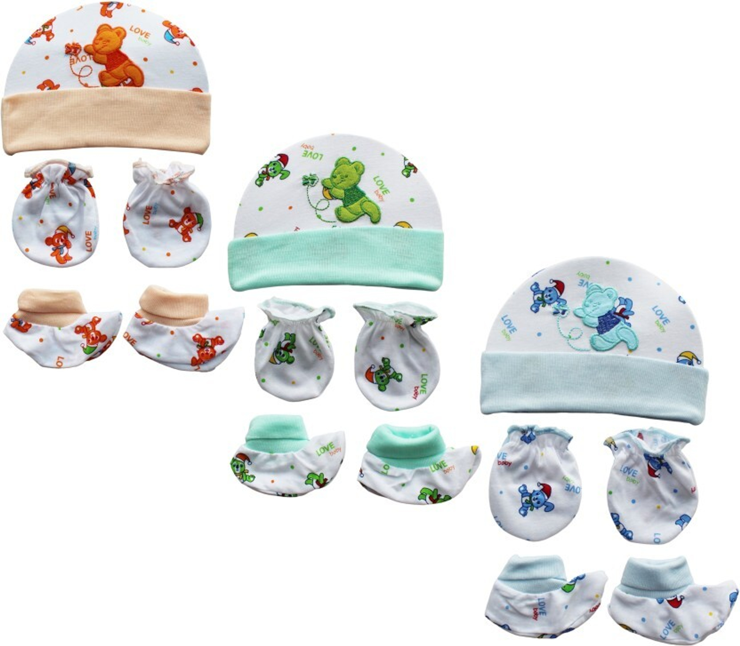 TechHark® Super soft cotton Mitten, Booty and Cap set for new borns (3 MULTICOLOR)