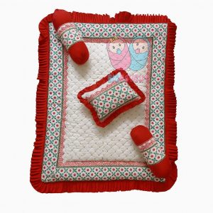 TechHark® Cotton Baby Bed Sized Bedding Set  (Red, 1 Mattress X 3 Pillow)