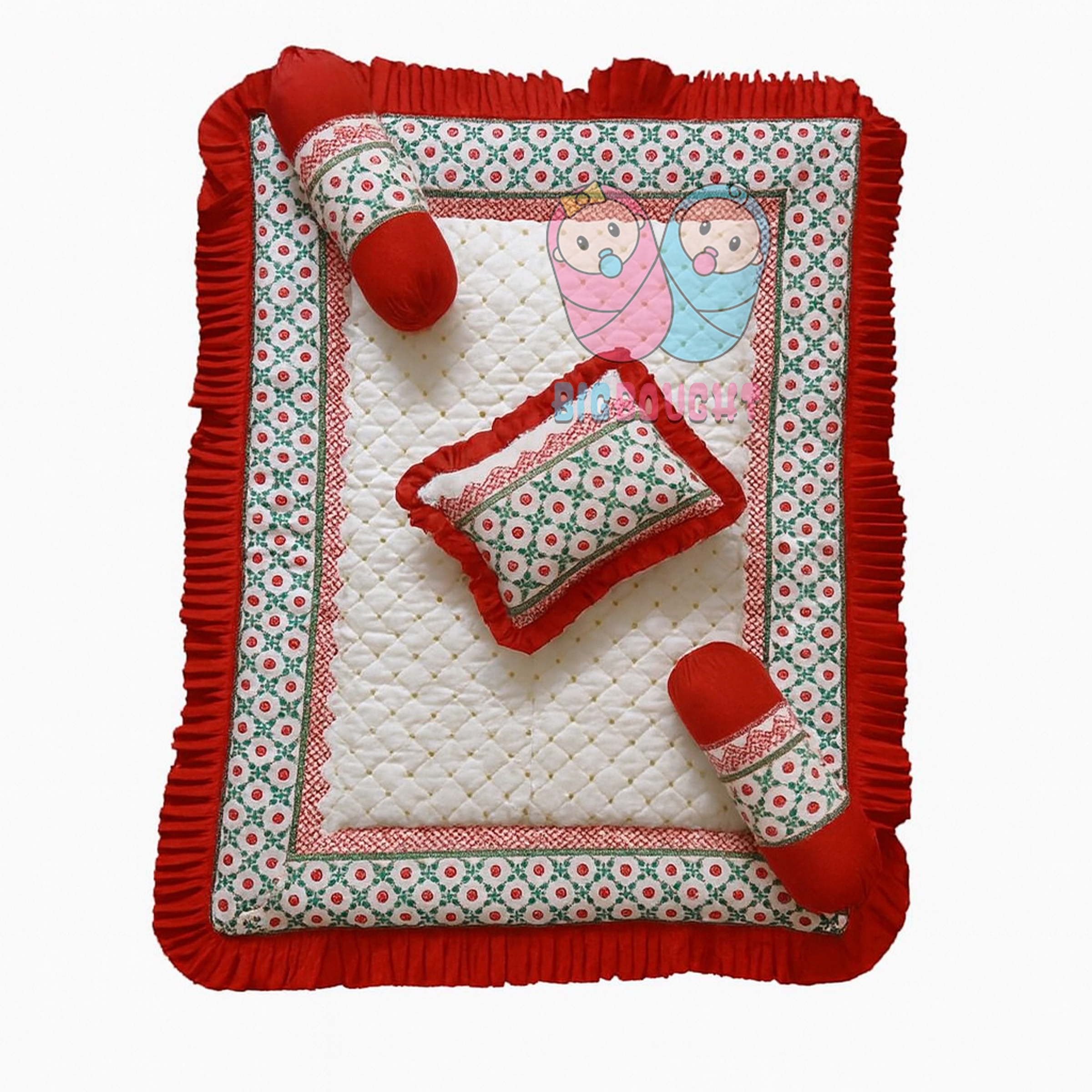TechHark® Cotton Baby Bed Sized Bedding Set (Red, 1 Mattress X 3 Pillow)