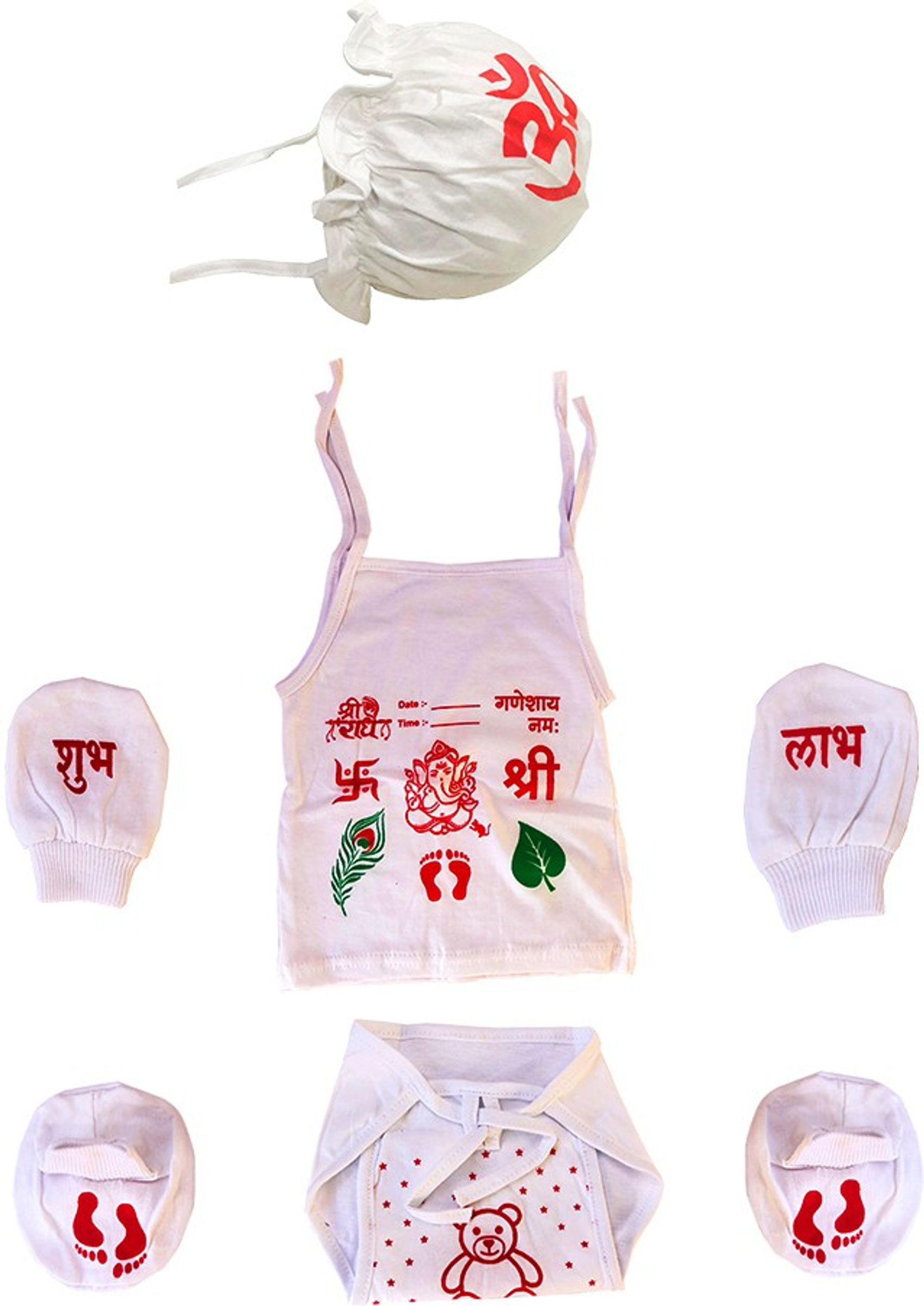 TechHark® New Born Baby Care Cloth Set For Naming Ceremony, Zhabla, Hand Mittens, Leg Booties, Nappy (Langot) and Cap, All Hosiery Soft Cloth Fabric (Multicolor) (White)