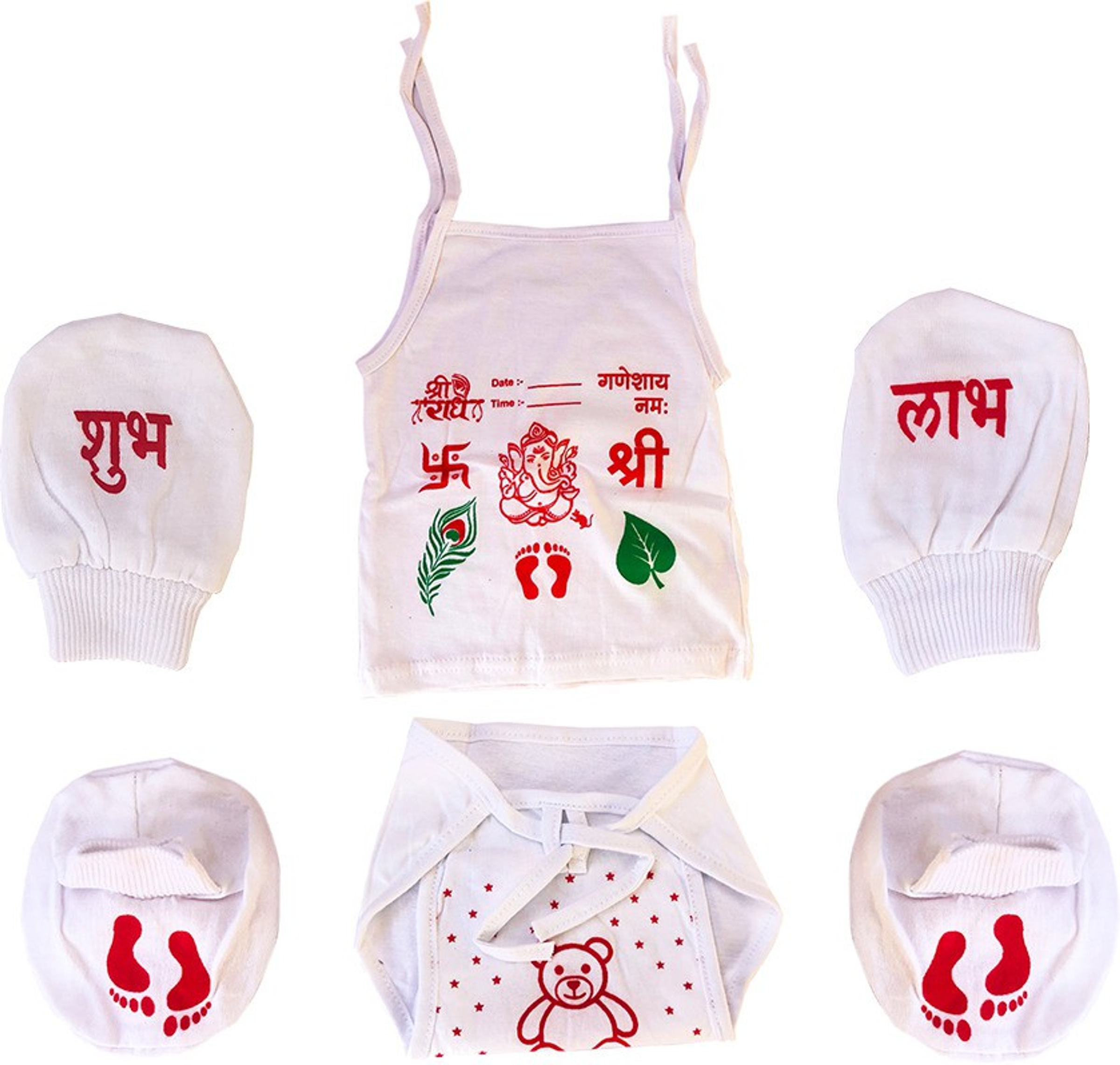 TechHark® New Born Baby Care Cloth Set For Naming Ceremony, Zhabla, Hand Mittens, Leg Booties, Nappy (Langot) and Cap, All Hosiery Soft Cloth Fabric (Multicolor) (White) - Image 2
