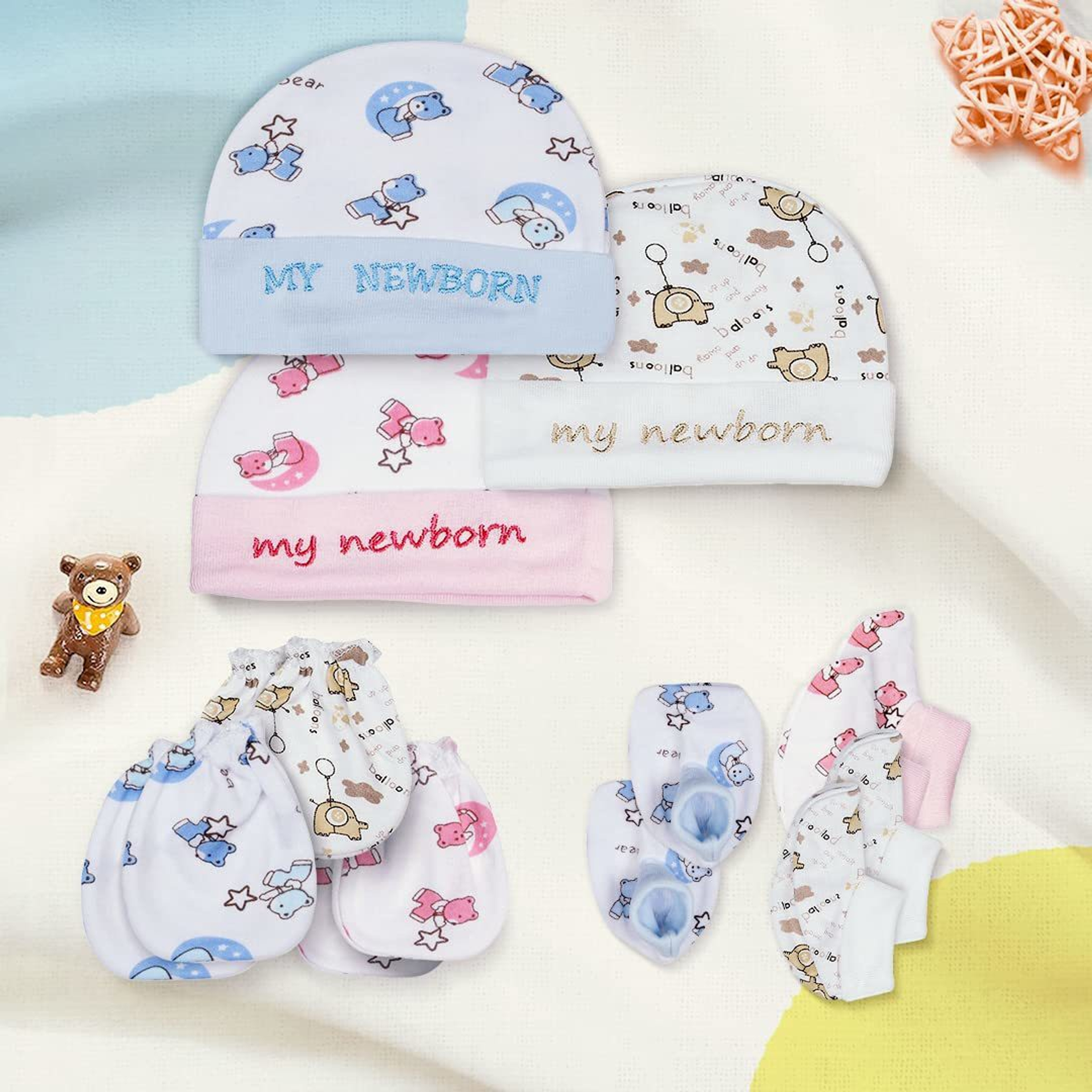 TechHark® Baby Mitten Gloves Cap Booty Set for boy, Girl Baby Cotton Bibs -6 Pc (Multicolor)