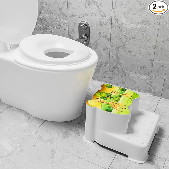 Techhark® Kids Toilet Training Set with Step Stool and Potty Seat, Safari Giraffe Design, White